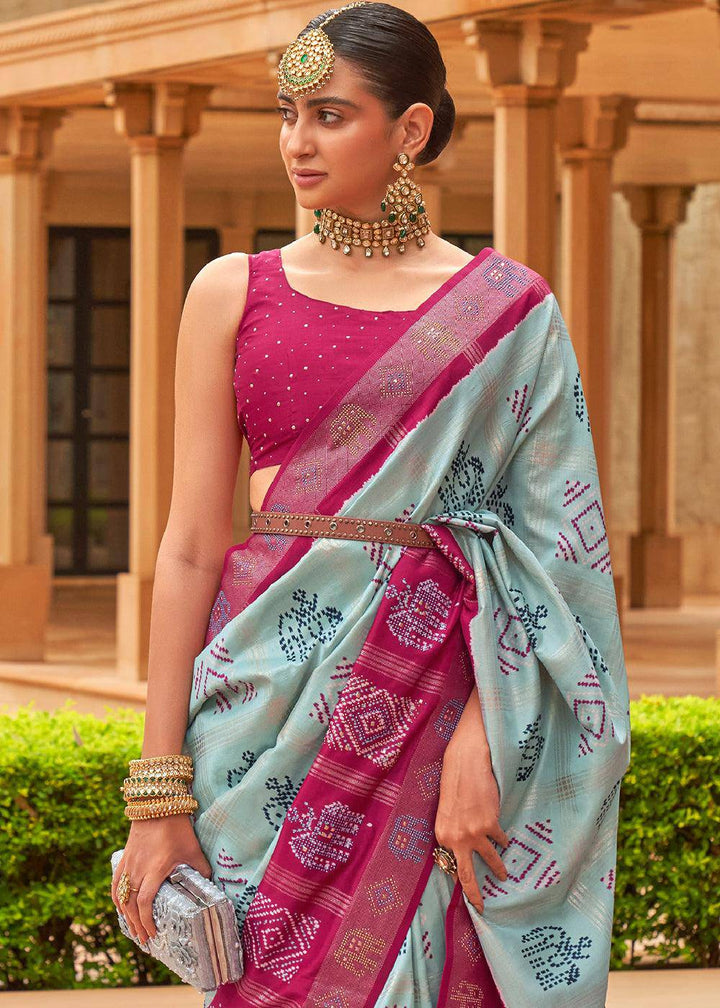 Blue & Pink Printed Patola Silk Saree with Swaroski Work | Stitched Blouse - qivii