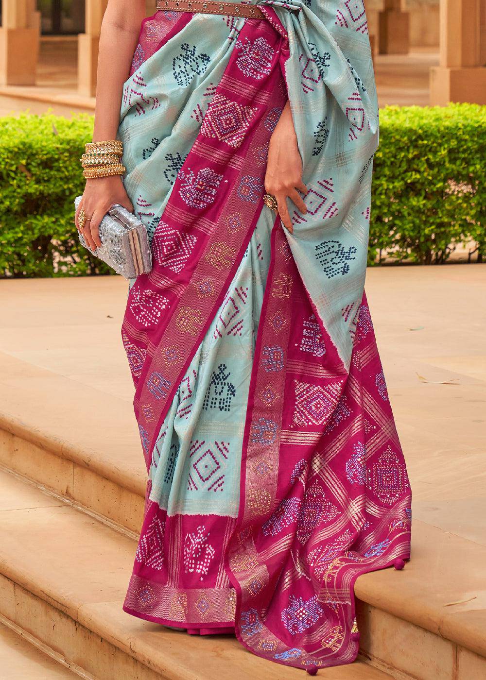 Blue & Pink Printed Patola Silk Saree with Swaroski Work | Stitched Blouse - qivii