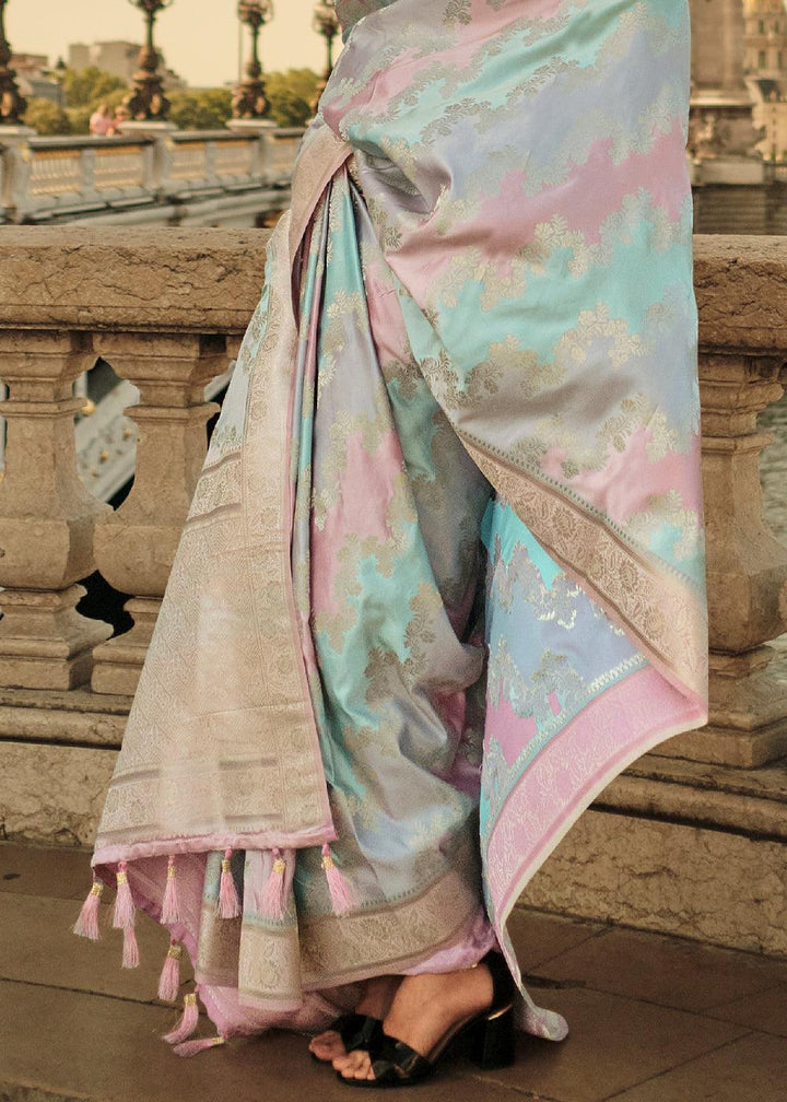 Blue & Pink Woven Rangkat Satin Silk Saree - qivii