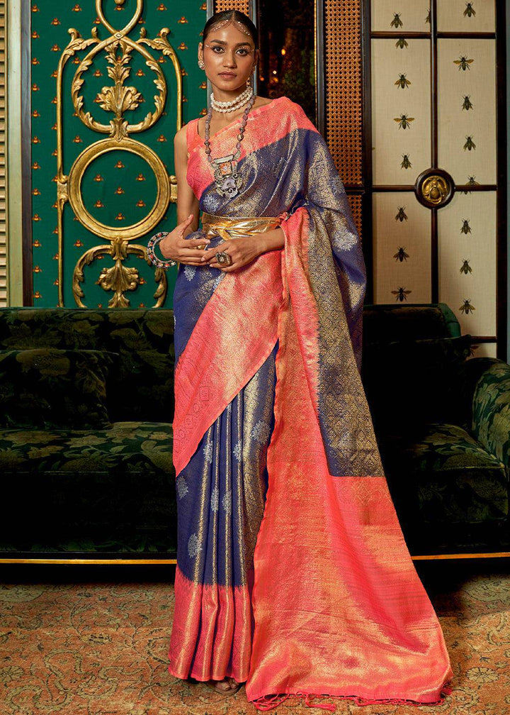 Blue & Pink Zari Woven Silk Saree with Tassels on Pallu | Stitched Blouse - qivii