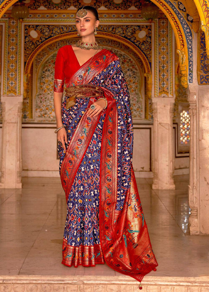 Blue & Red Patola Printed Designer Silk Saree | Stitched Blouse - qivii