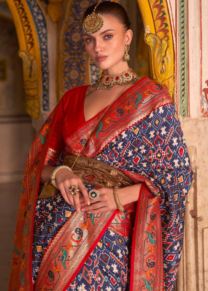 Blue & Red Patola Printed Designer Silk Saree | Stitched Blouse - qivii