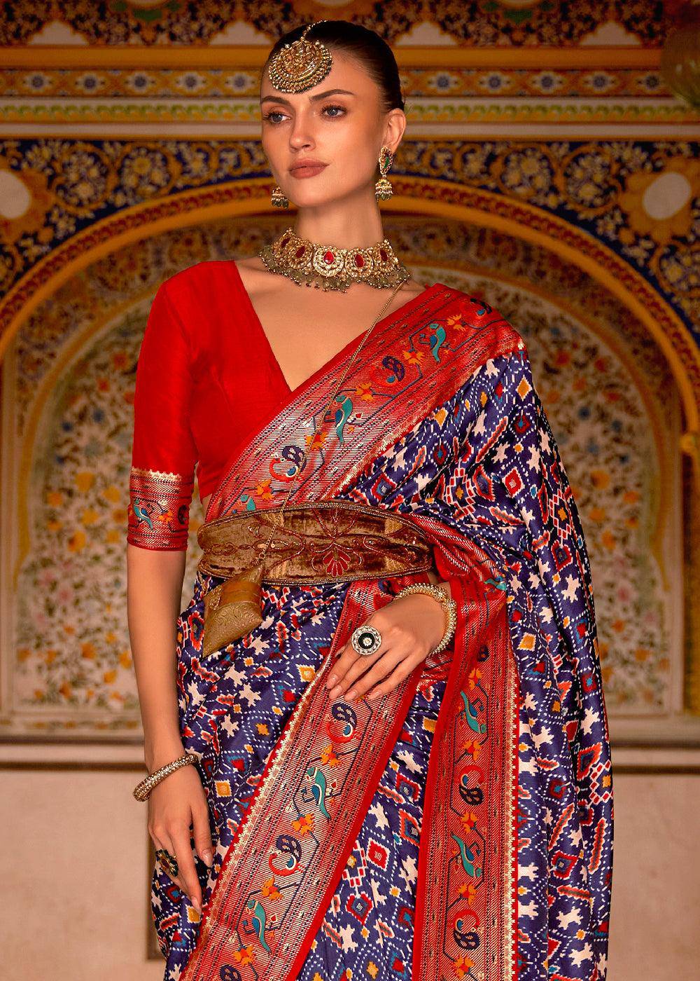 Blue & Red Patola Printed Designer Silk Saree | Stitched Blouse - qivii