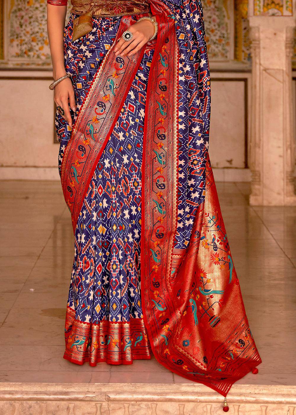 Blue & Red Patola Printed Designer Silk Saree | Stitched Blouse - qivii