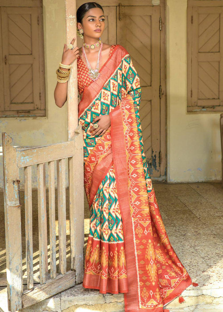 Blue & Red Patola Printed Dola Silk Saree | Stitched Blouse - qivii