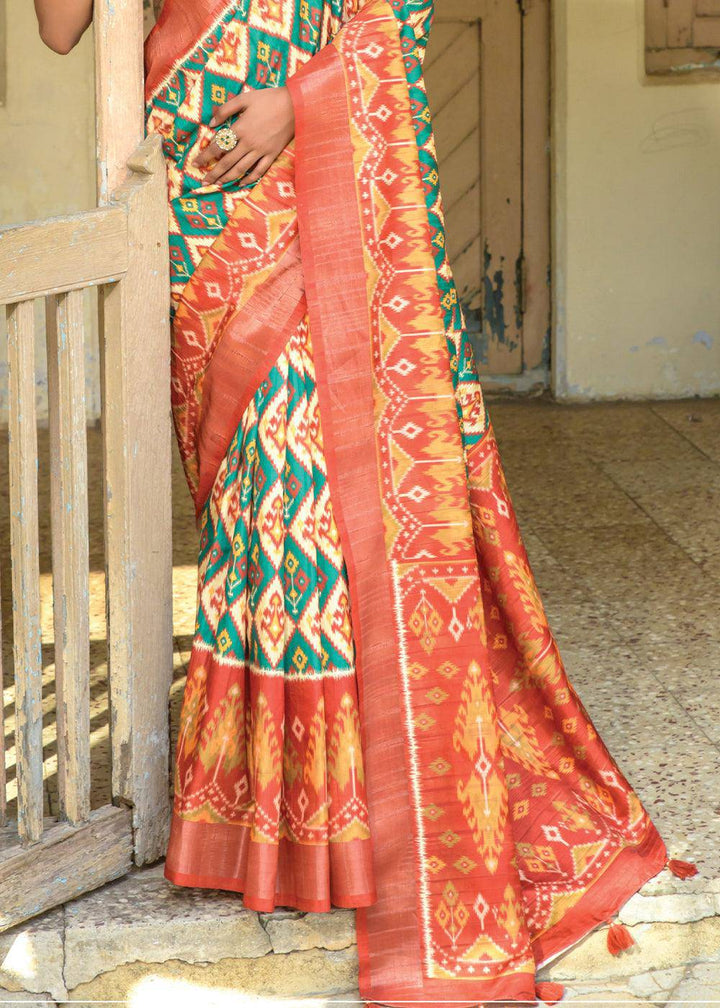 Blue & Red Patola Printed Dola Silk Saree | Stitched Blouse - qivii