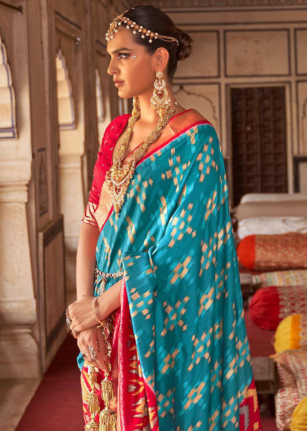 Blue & Red Printed Patola Dola Silk Saree with Zari Border | Stitched Blouse - qivii