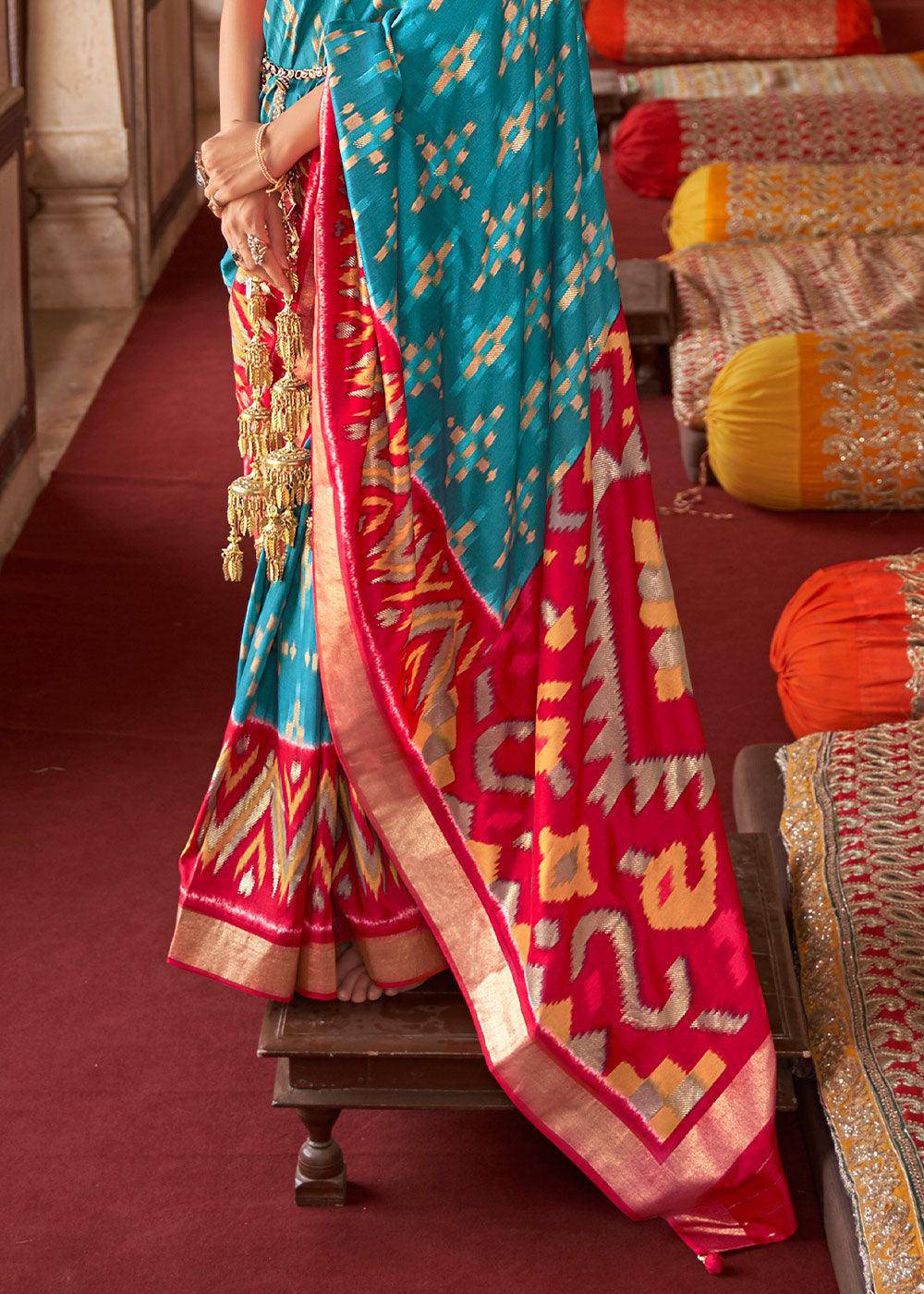 Blue & Red Printed Patola Dola Silk Saree with Zari Border | Stitched Blouse - qivii