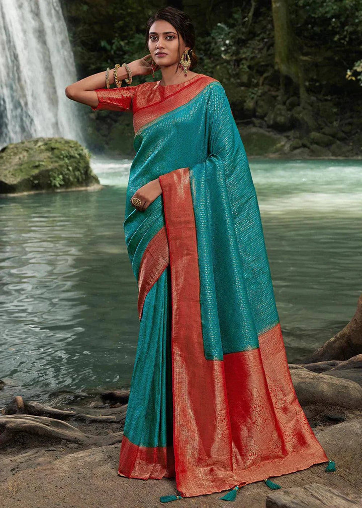 Blue & Red Zari Woven Kanjivaram Silk Saree | Stitched Blouse - qivii