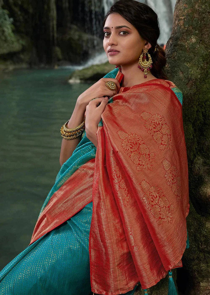 Blue & Red Zari Woven Kanjivaram Silk Saree | Stitched Blouse - qivii