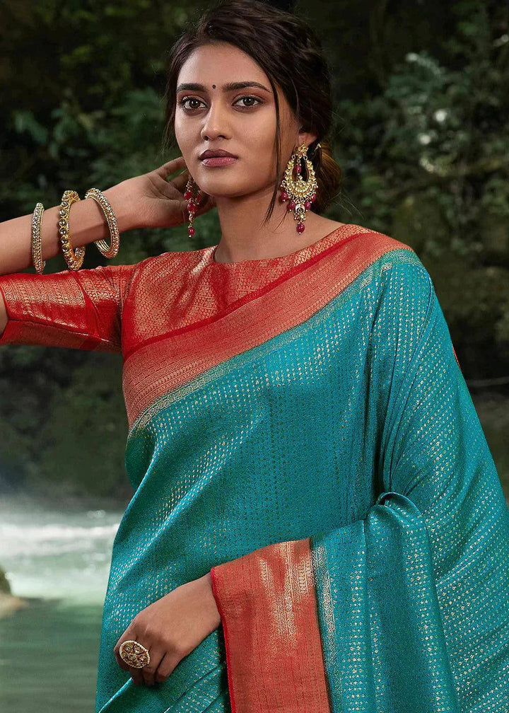 Blue & Red Zari Woven Kanjivaram Silk Saree | Stitched Blouse - qivii