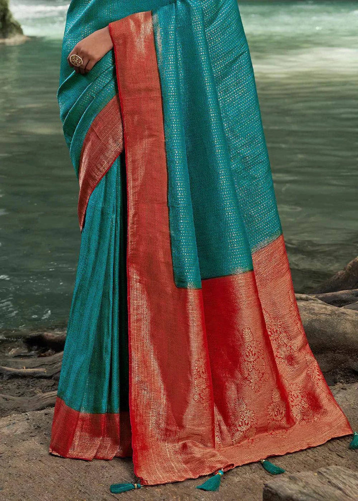 Blue & Red Zari Woven Kanjivaram Silk Saree | Stitched Blouse - qivii