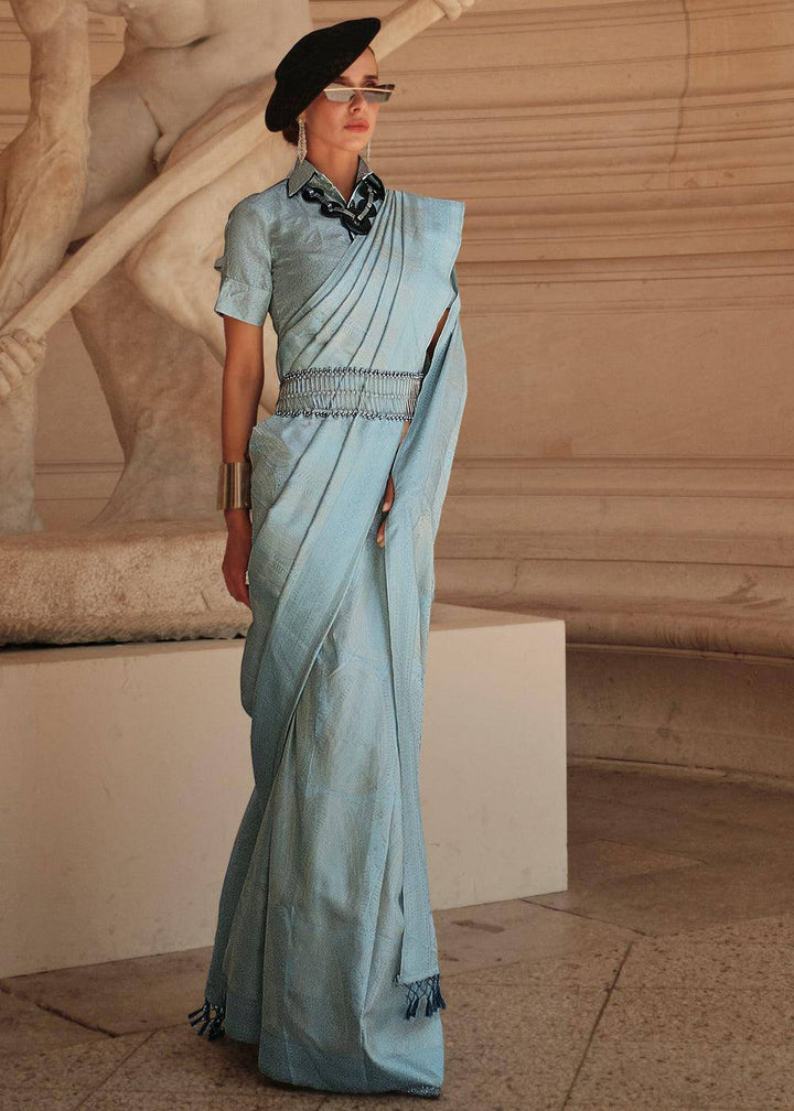 Blue & Silver Woven Satin Silk Saree | Stitched Blouse - qivii