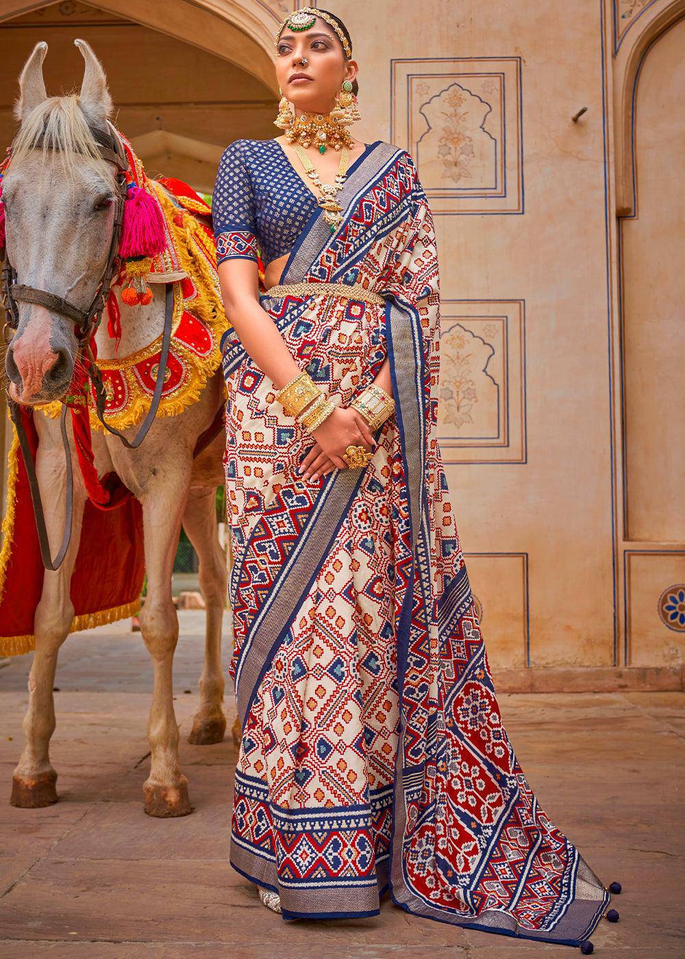 Blue & White Patola Printed Designer Silk Saree | Stitched Blouse - qivii