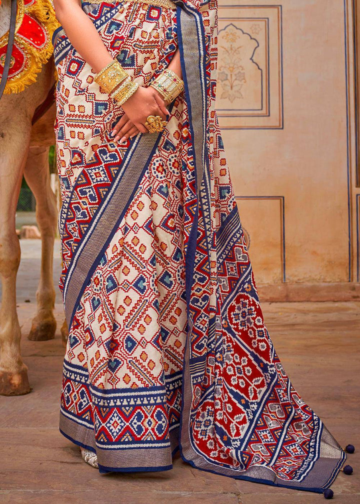 Blue & White Patola Printed Designer Silk Saree | Stitched Blouse - qivii