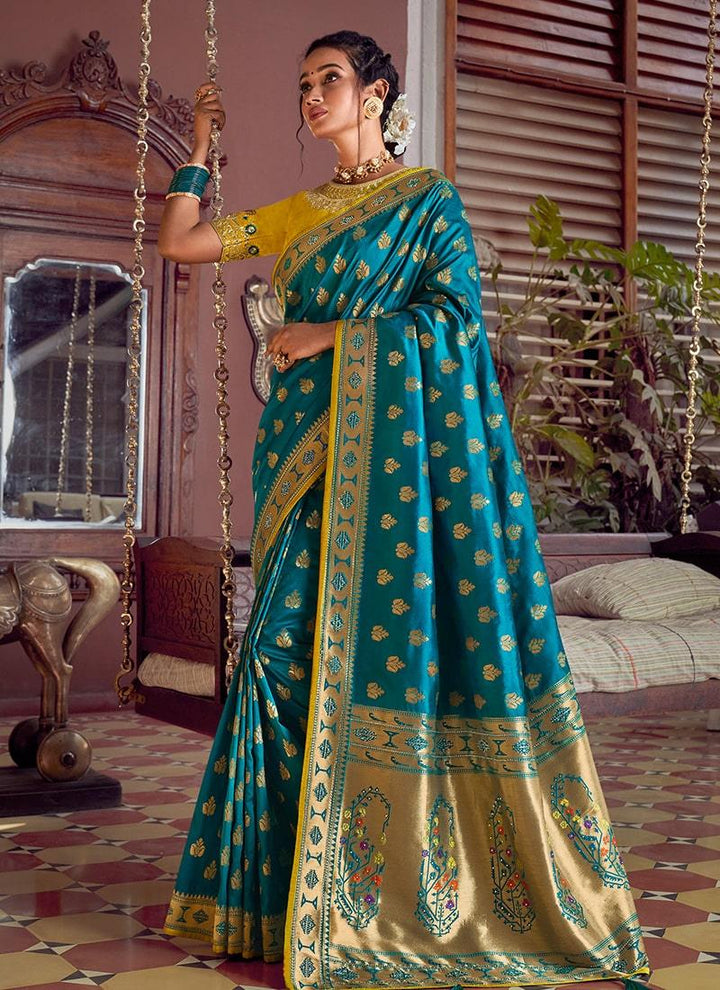 Blue Color Silk Fabric Silk Weave Work Half And Half Saree  - By Kreeva