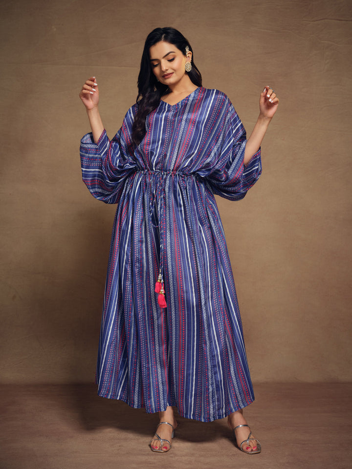 Blue color silk ready-to-wear printed Kaftan by Qivii