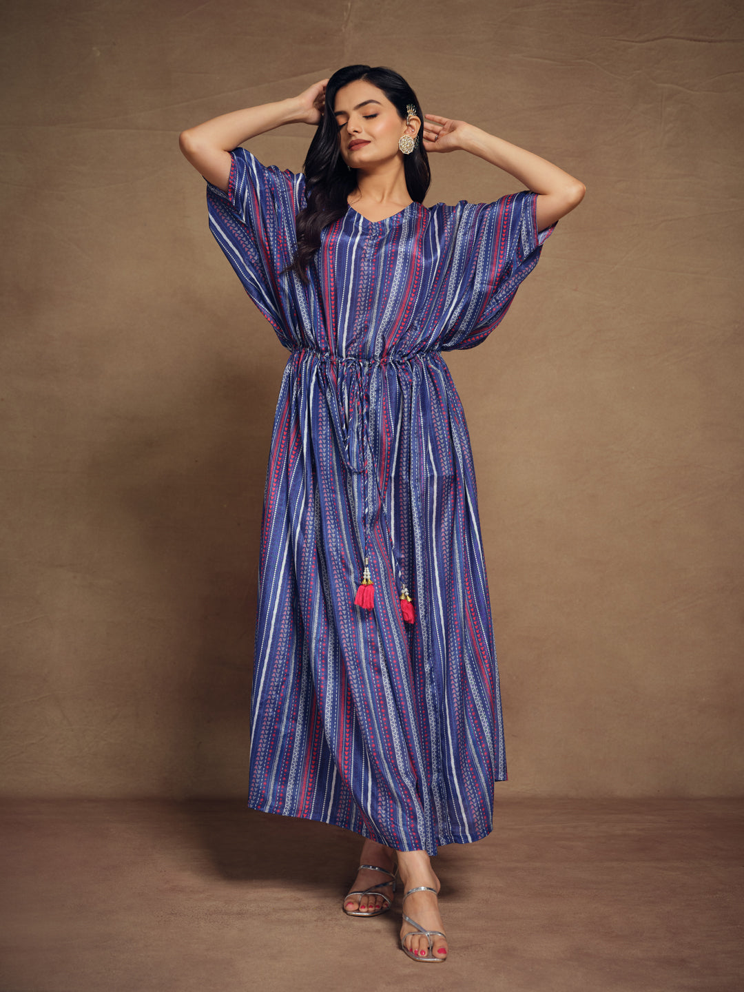 Blue color silk ready-to-wear printed Kaftan by Qivii