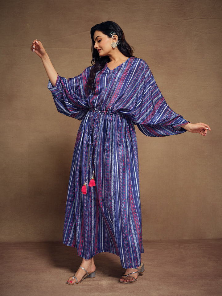 Blue color silk ready-to-wear printed Kaftan by Qivii