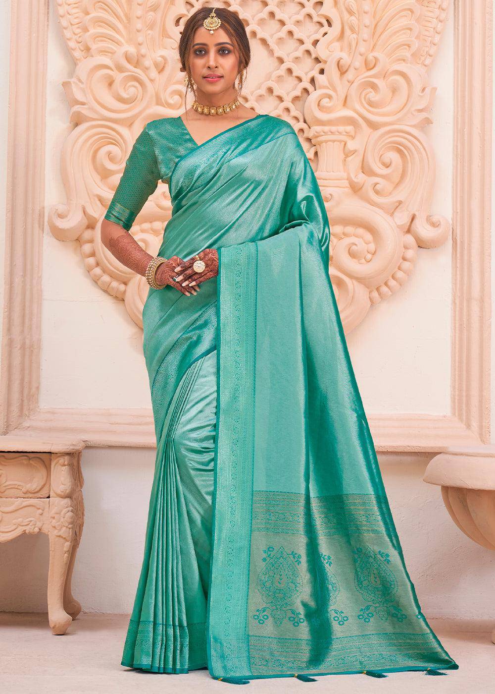 Blue Green Woven Designer Silk Saree | Stitched Blouse - qivii