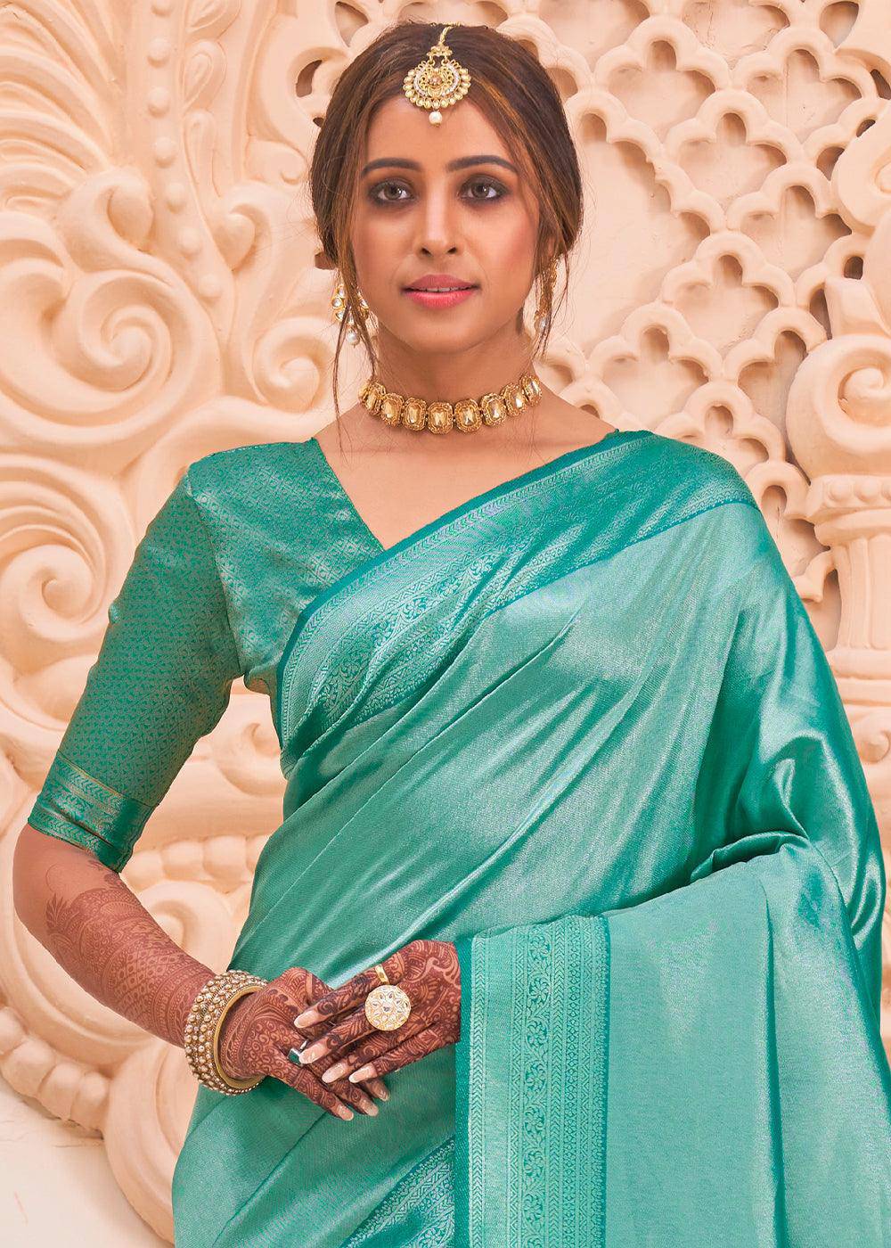 Blue Green Woven Designer Silk Saree | Stitched Blouse - qivii