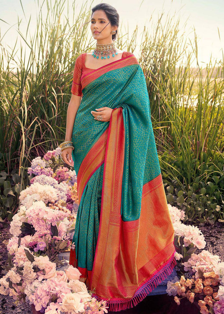 Blue Green Woven Kanjivaram Silk Saree With Contrast Border & Pallu | Stitched Blouse - qivii