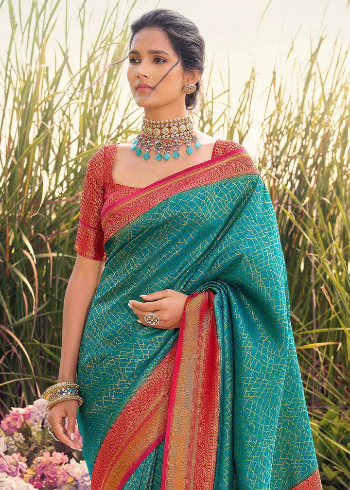 Blue Green Woven Kanjivaram Silk Saree With Contrast Border & Pallu | Stitched Blouse - qivii