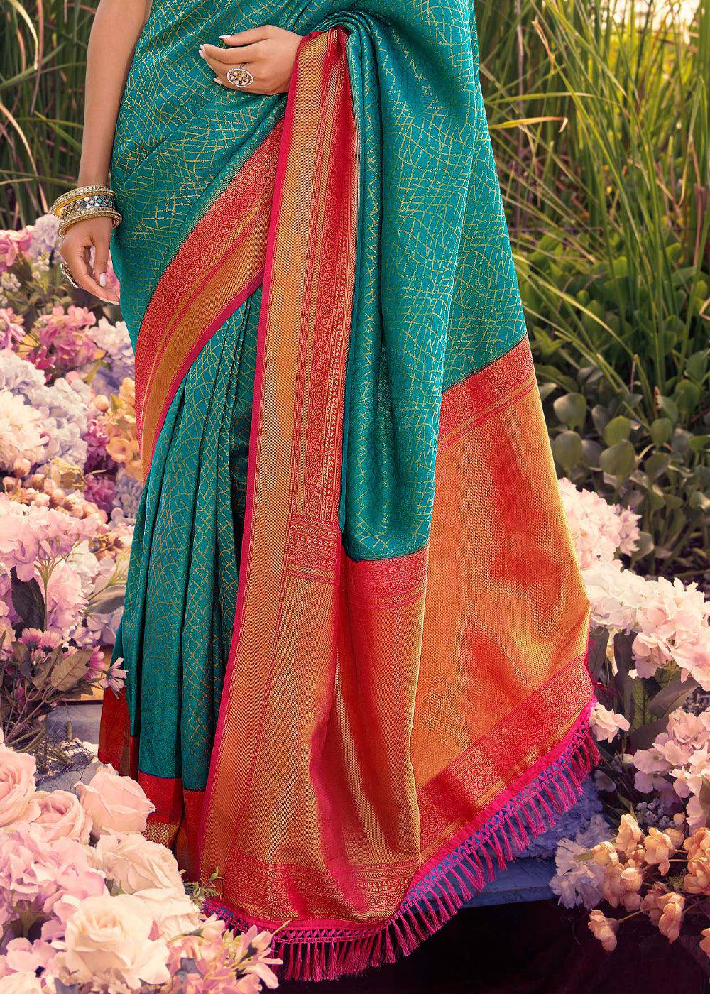 Blue Green Woven Kanjivaram Silk Saree With Contrast Border & Pallu | Stitched Blouse - qivii