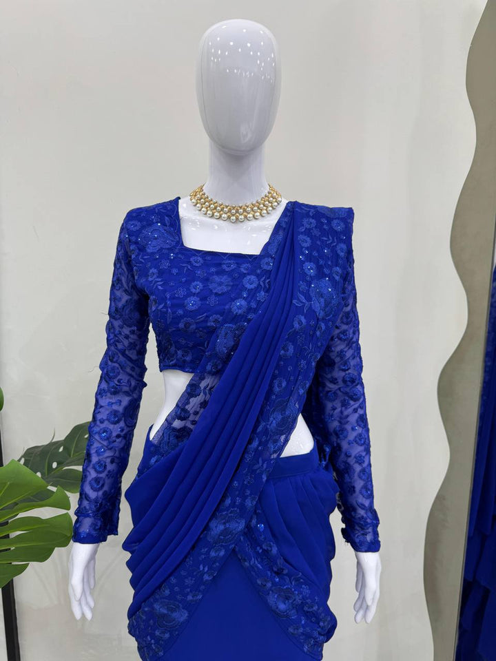 Beautiful blue Foux Gorgette Lehenga Saree with intricate sequin detailing