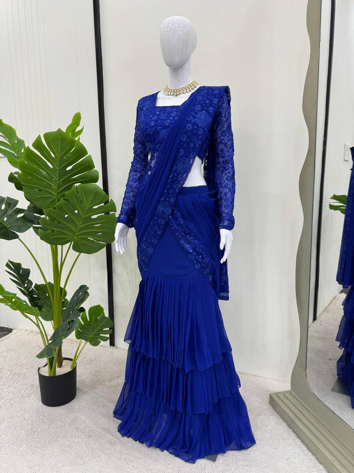 Beautiful blue Foux Gorgette thread with sequence Lehenga Saree for elegant occasions