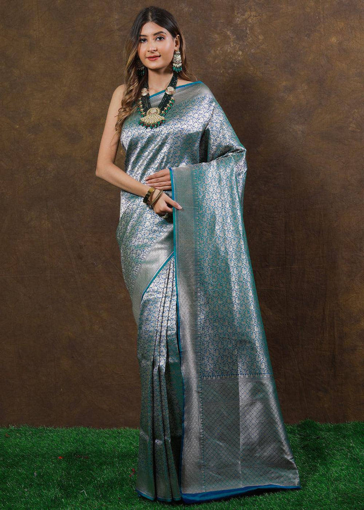 Blueish Green Hand Woven Pure Katan Silk Saree | Stitched Blouse - qivii