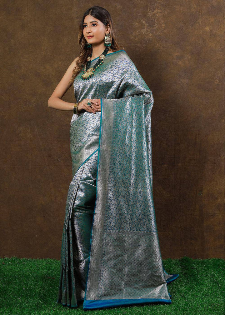 Blueish Green Hand Woven Pure Katan Silk Saree | Stitched Blouse - qivii