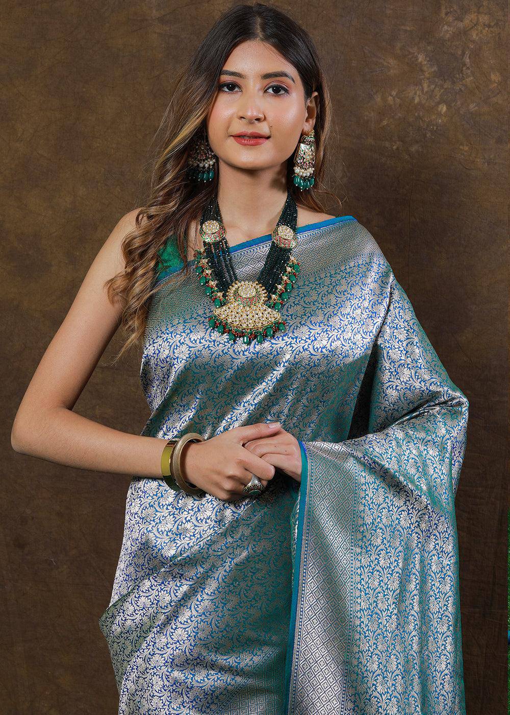 Blueish Green Hand Woven Pure Katan Silk Saree | Stitched Blouse - qivii