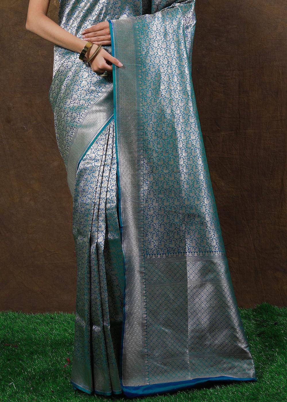 Blueish Green Hand Woven Pure Katan Silk Saree | Stitched Blouse - qivii