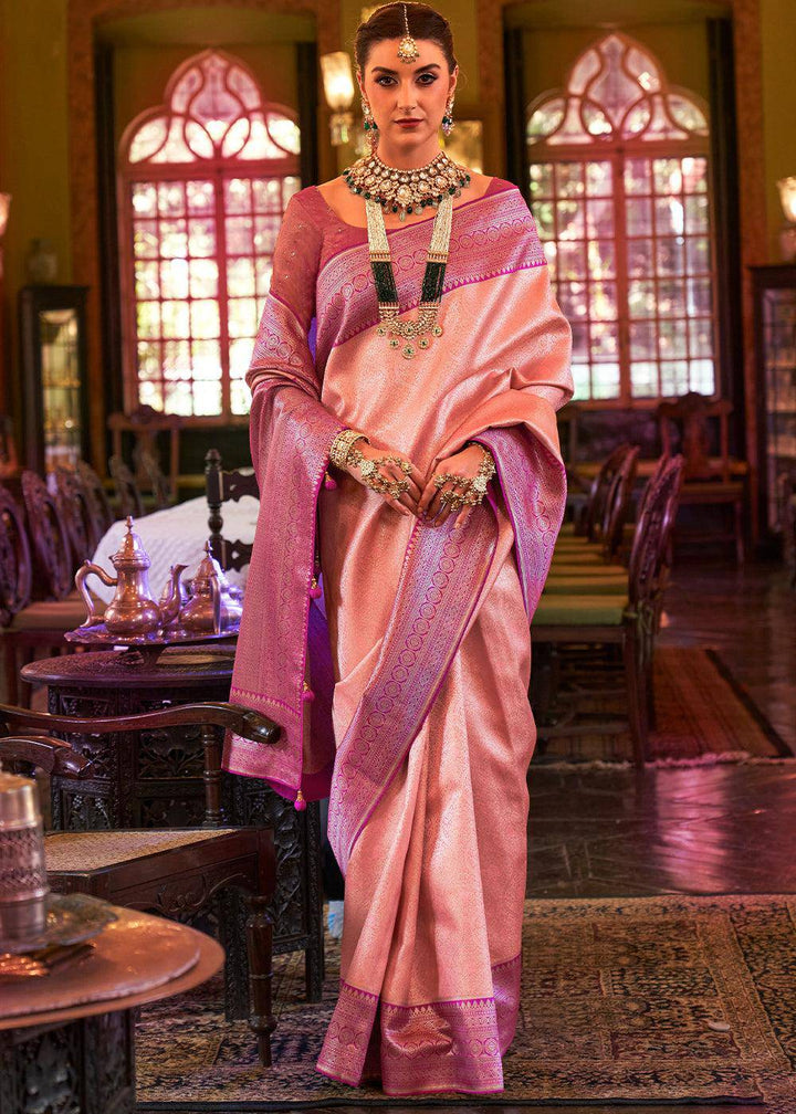 Blush Peach Pink Woven Kanjivaram Silk Saree | Stitched Blouse - qivii