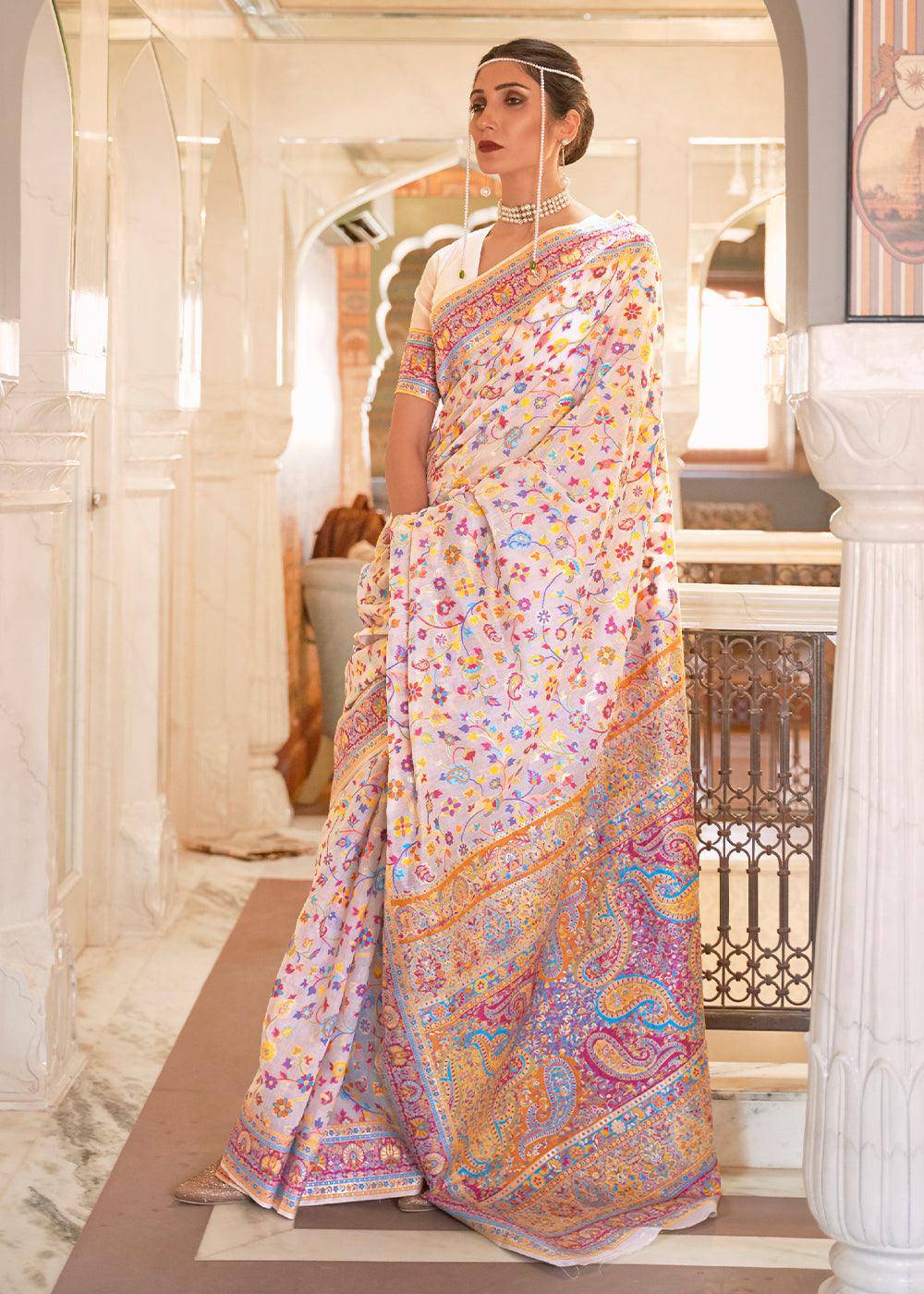 Blush Pink Banarasi Jamawar Woven Silk Saree | Stitched Blouse - qivii