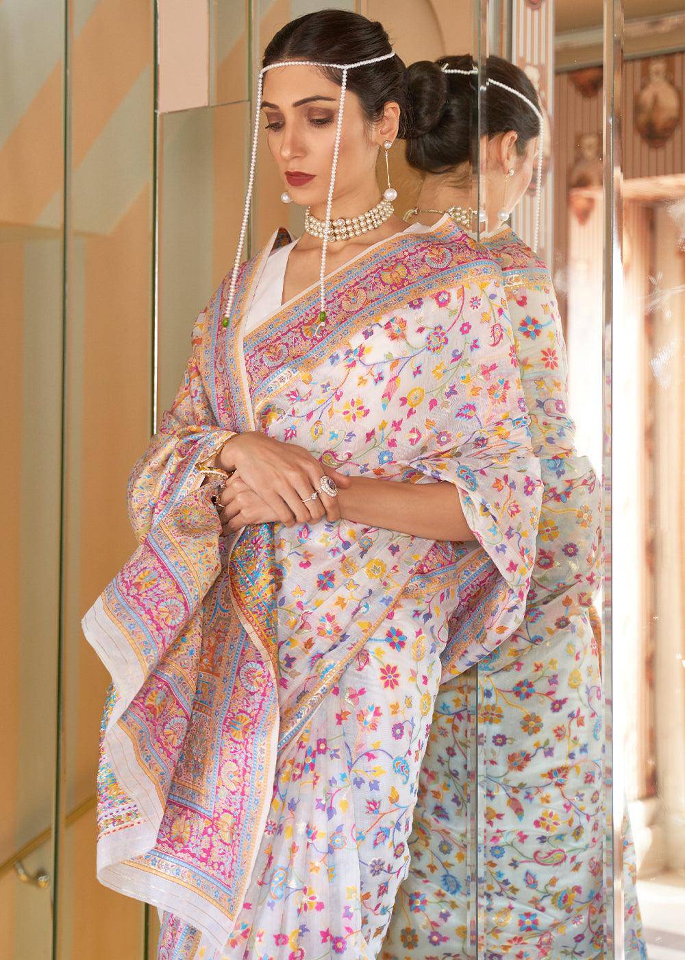 Blush Pink Banarasi Jamawar Woven Silk Saree | Stitched Blouse - qivii