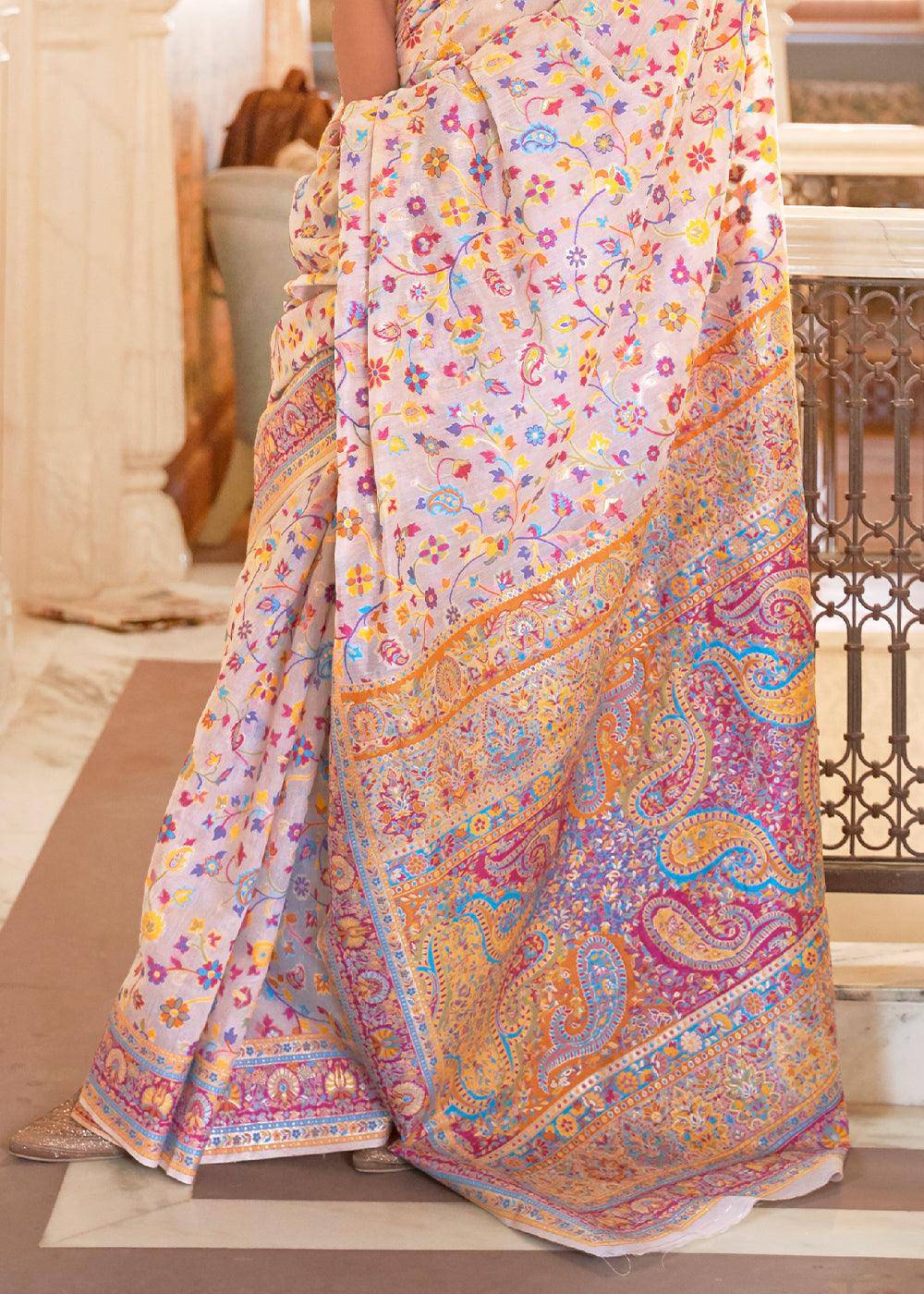 Blush Pink Banarasi Jamawar Woven Silk Saree | Stitched Blouse - qivii