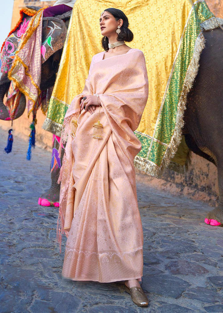 Blush Pink Soft Handloom Weave Kanjivaram Silk Saree | Stitched Blouse - qivii