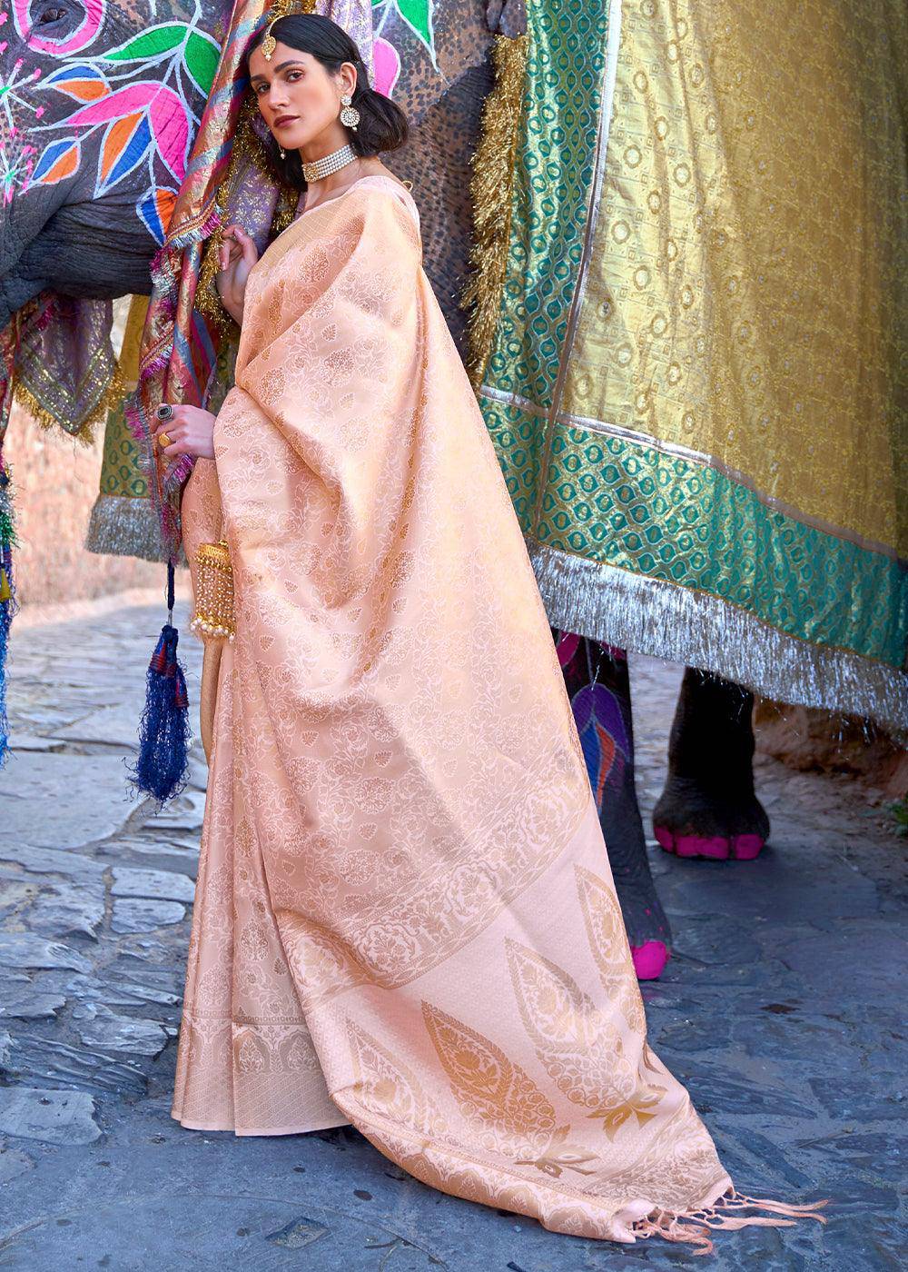 Blush Pink Soft Handloom Weave Kanjivaram Silk Saree | Stitched Blouse - qivii