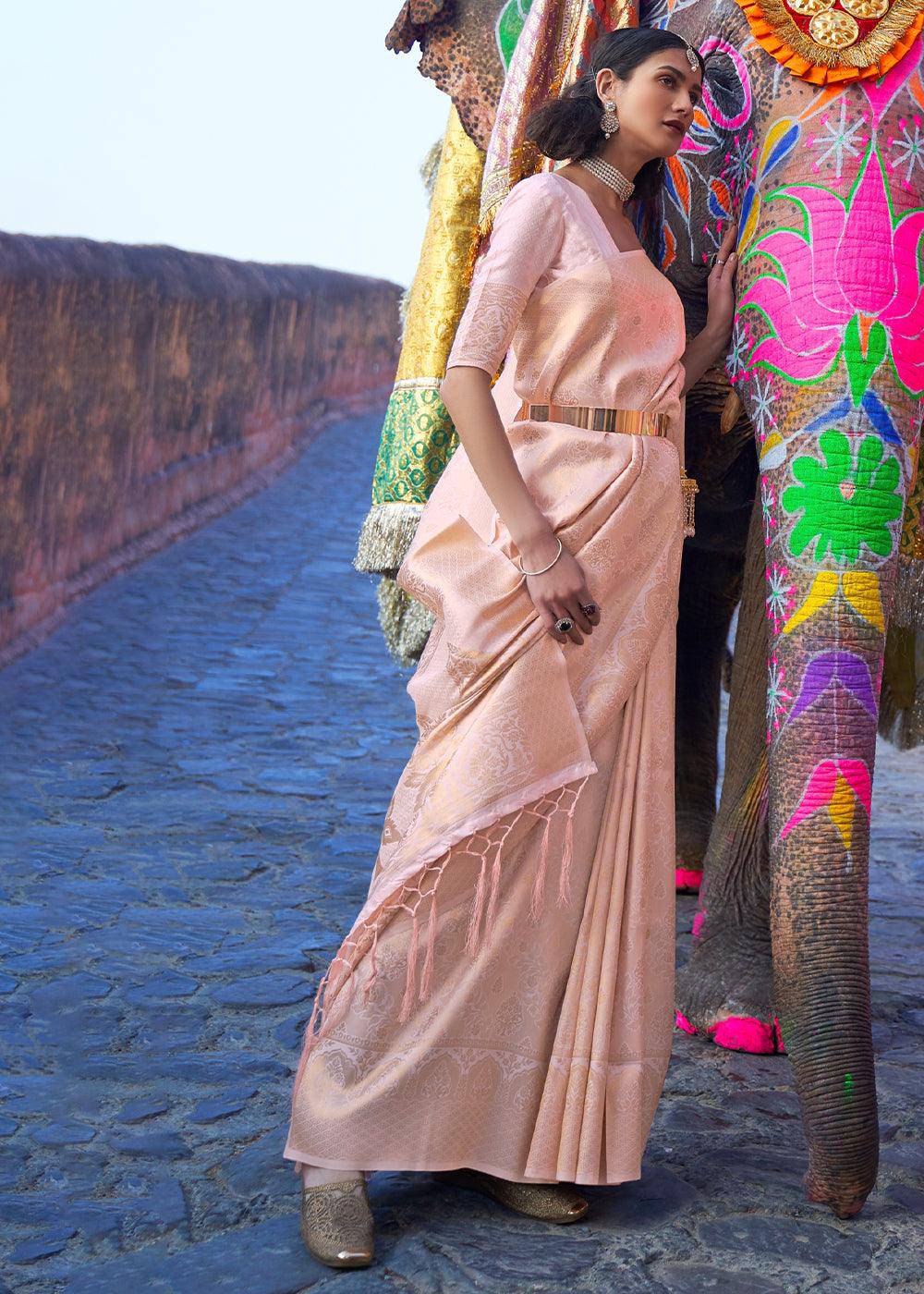 Blush Pink Soft Handloom Weave Kanjivaram Silk Saree | Stitched Blouse - qivii