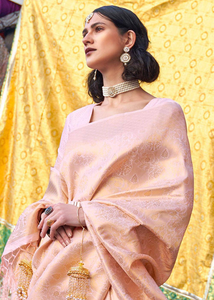 Blush Pink Soft Handloom Weave Kanjivaram Silk Saree | Stitched Blouse - qivii