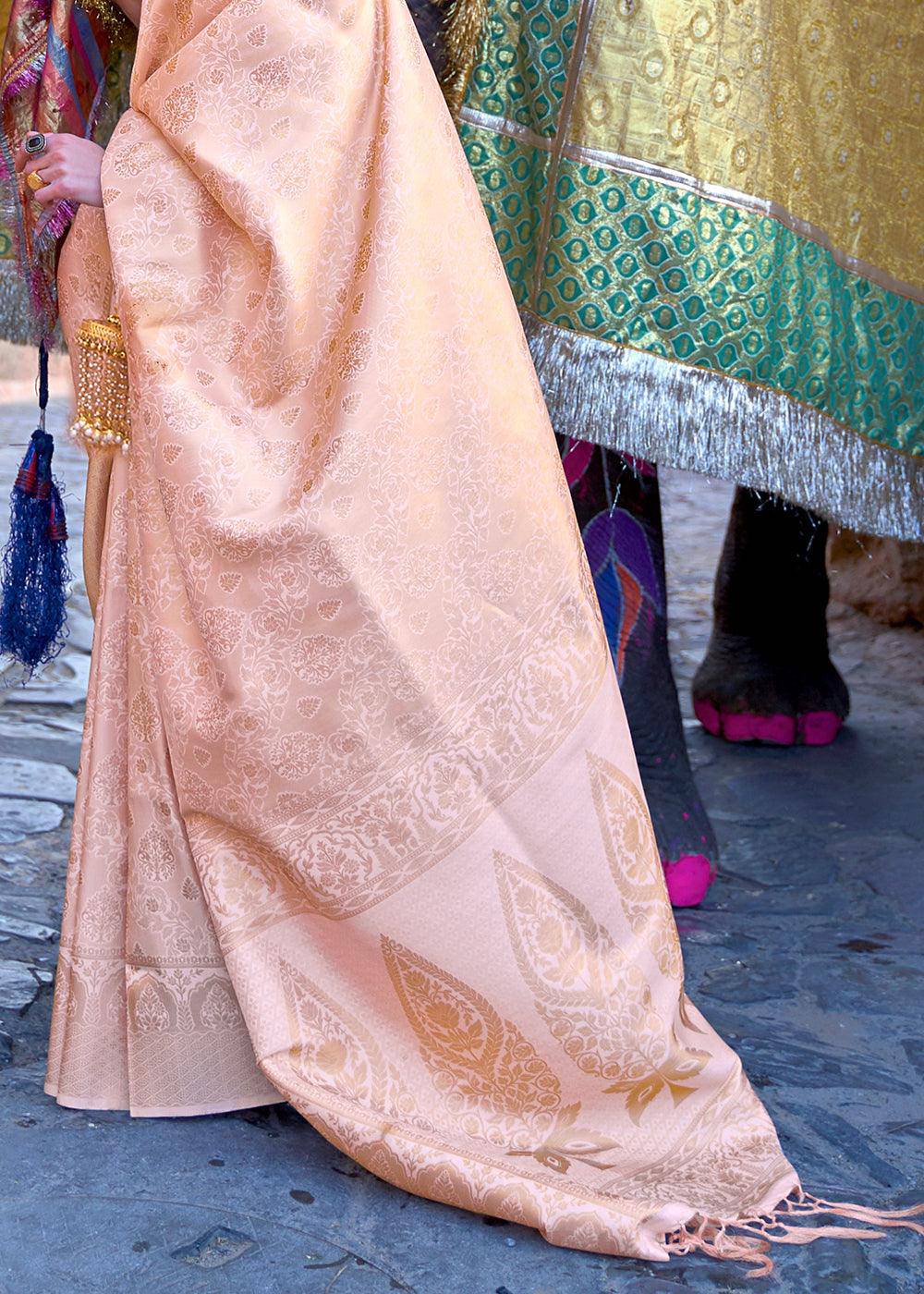 Blush Pink Soft Handloom Weave Kanjivaram Silk Saree | Stitched Blouse - qivii