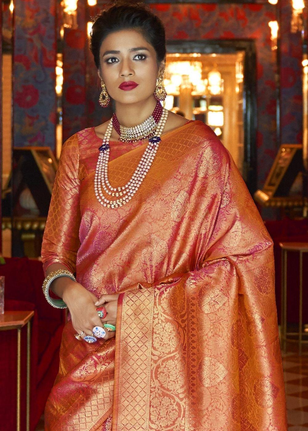 Blush Red and Golden Blend Woven Kanjivaram Soft Silk Saree | Stitched Blouse - qivii