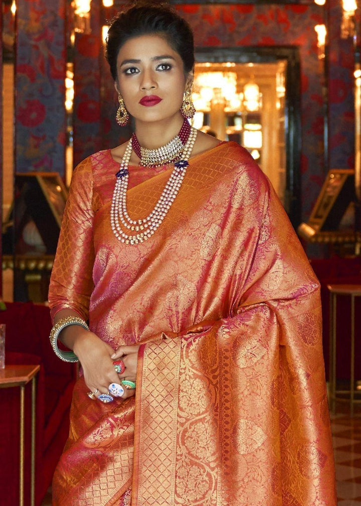 Blush Red and Golden Blend Woven Kanjivaram Soft Silk Saree | Stitched Blouse - qivii