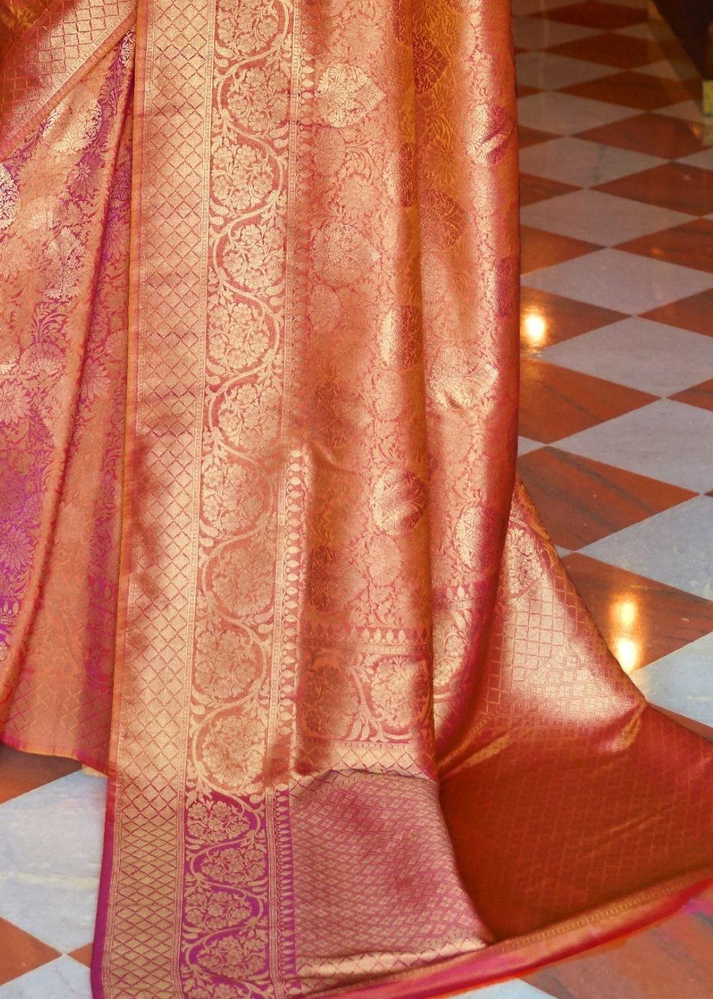 Blush Red and Golden Blend Woven Kanjivaram Soft Silk Saree | Stitched Blouse - qivii