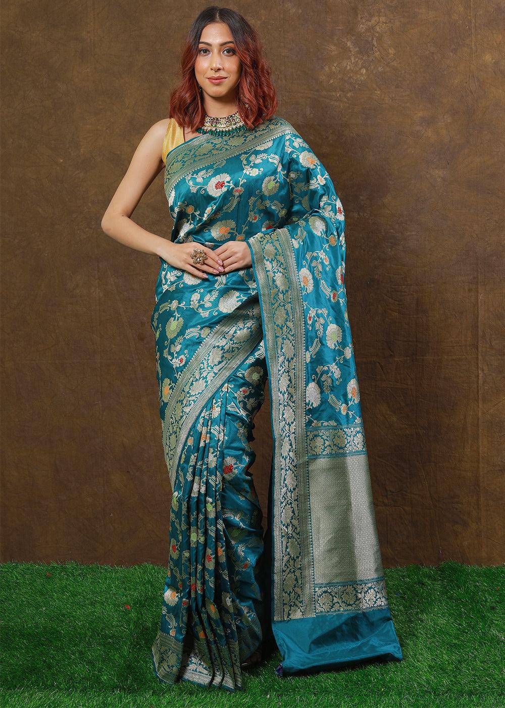 Bondi Blue Hand Woven Pure Katan Silk Saree | Stitched Blouse - qivii