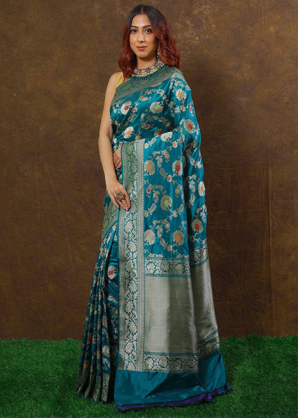 Bondi Blue Hand Woven Pure Katan Silk Saree | Stitched Blouse - qivii