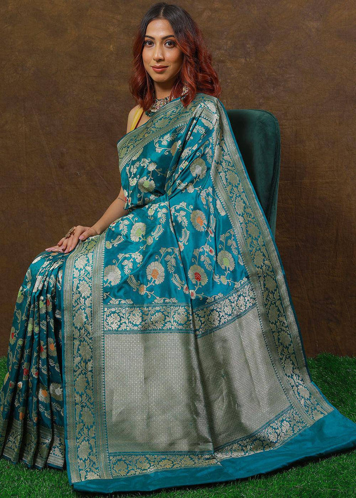 Bondi Blue Hand Woven Pure Katan Silk Saree | Stitched Blouse - qivii