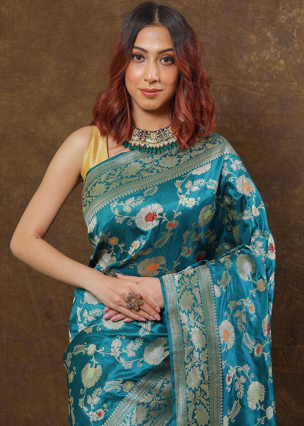 Bondi Blue Hand Woven Pure Katan Silk Saree | Stitched Blouse - qivii